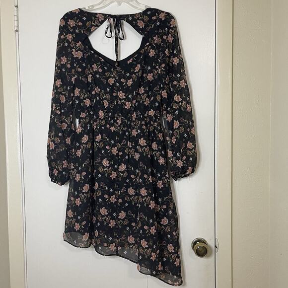 NEW! J.O.A. Black Floral Back Cut Out Smocked Waist Asymmetrical Dress Med - Picture 5 of 7